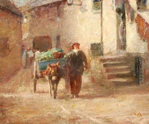A Man Leading A Donkey And Cart Along A Street