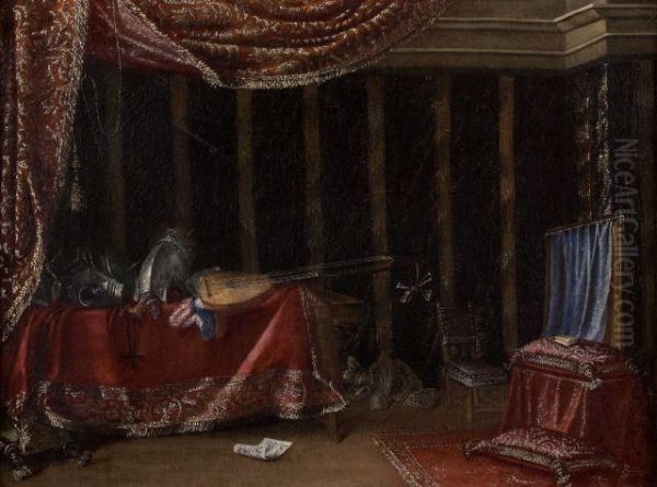 Compositions D'armures, Pieces
D'orfevreries, Bouquet De Fleurs Et Instruments De Musique Dans De
Riches Interieurs - view 1