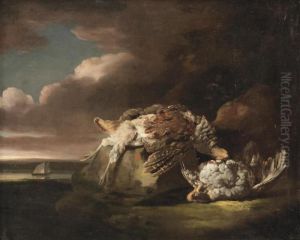 A River Landscape With Two Partridges On A Rock, A River With A Sailing Vessel Beyond