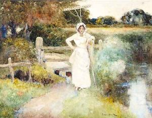 A country girl standing beside a stream holding a rake by David Woodlock