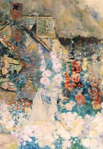 A girl picking flowers outside a thatched cottage by David Woodlock