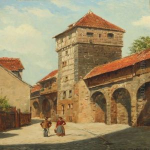 Cityscape From Nurnberg With Couple By Town Wall