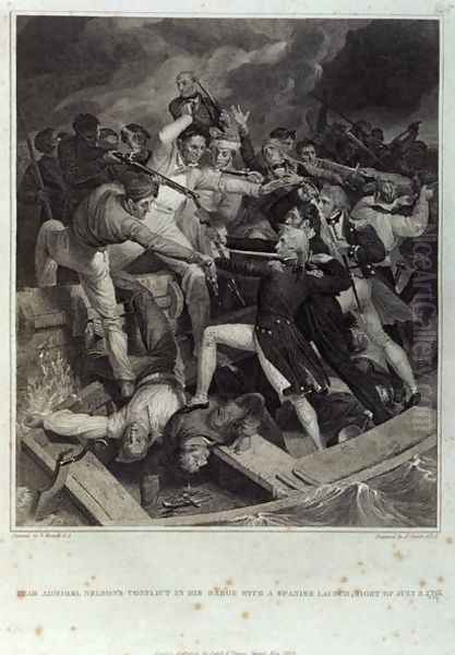 Rear Admiral Nelsons conflict in his barge with a Spanish launch, night of 3rd July 1797, engraved by A. Smith, published by Cadell & Davies, May 1809 - view 1