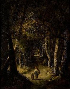 Sentiero Nel Bosco Con Contadina E Bambini by Ernesto Fontana