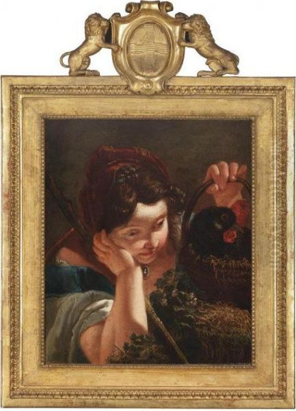 A Young Girl Holding A Hen In A Basket In Her Left Hand - view 1