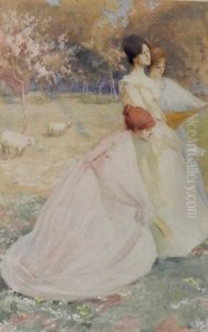 Ladies Picking Flowers In An Orchard by Elizabeth A.Stanhope Forbes