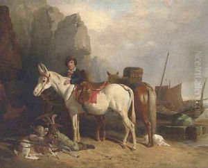 Figures on a beach, with ponies and fishing boats