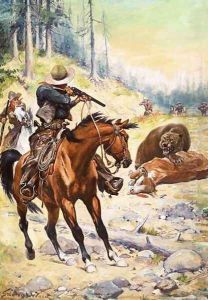 American cowboys surround a bear crouched over the body of a cow