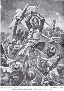 Crusaders Storming the City of the Tyre, illustration from Hutchinsons History of the Nations by Stanley L. Wood