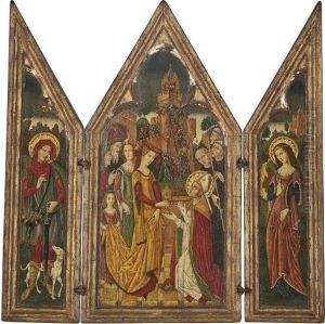 A Triptych: A Lady Presenting A
Monstrance To A Bishop Saint, A Castle Being Stormed Beyond (central
Panel); A Female Saint (right Wing); And A Male Saint (left Wing) A Triptych: A Lady Presenting A
Monstrance To A Bishop Saint, A Castle Being Stormed Beyond (central
Panel); A Female Saint (right Wing); And A Male Saint (left Wing)