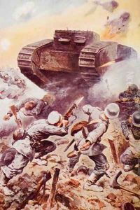 Tanks in Action, illustration from The Outline of History by H.G. Wells, Volume II, published in 1920 by Stanley L. Wood