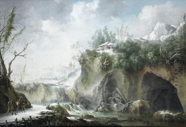 A River Landscape In Winter, With Travellers On A Snowy Path - view 1