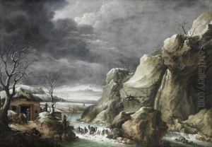 Travellers Approaching A Barn In A Winter Landscape, Under A Stormy Sky
