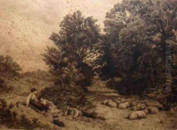 Children Resting In Woodland With Sheep - view 1