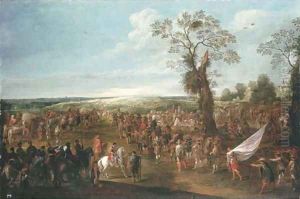 Troops manoeuvring in an extensive landscape by Cornelis de Wael