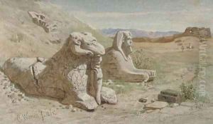 A Ram's Head Sphinx at the Temple of Amun, Karnak by Carl Friedrich H. Werner