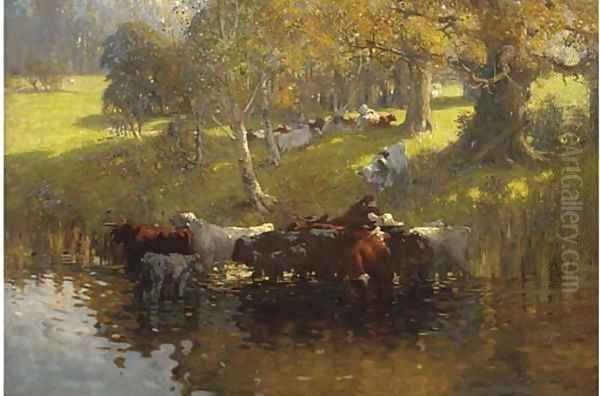 Cattle watering on a summer's day - view 1