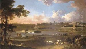 View Of Sprotborough Hall, Near Doncaster, Yorkshire, With Cattle And Herdsman On The Banks Of The River Don Before by Jan Wyck
