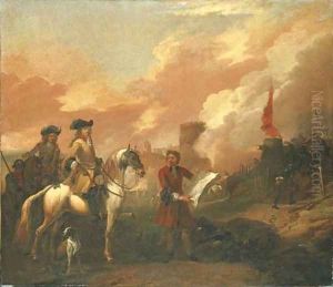 Two cavalry officers surveying the bombardment of a castle