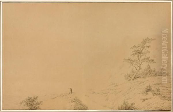 White Chalk Cliffs On The Island
 Of Moen, With A Seated Man Looking At The Sea With A Telescope - view 1