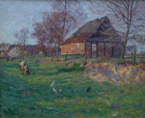 Niederrhein-gehoft Im Sonnenschein Mit Bluhendem Baum, Huhnern Und Kalbern Auf Der Wiese by Wilhelm Fritzel