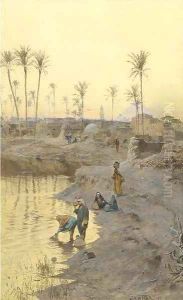 Watercarriers before The Pyramids at dusk by Charles Wilda