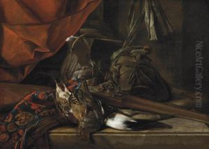 A Partridge, A Hunting Horn, A Musket And Game Bags On A Partly Draped Stone Ledge by Jan Fyt