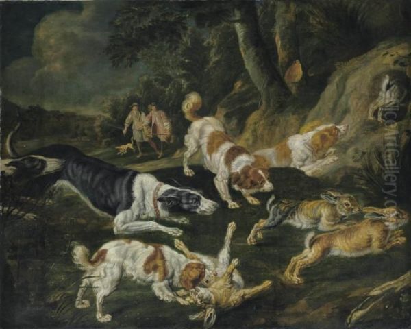 Hares Brought Down By Hounds With Two Hunters In The Distance - view 1