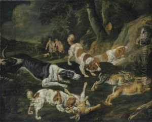 Hares Brought Down By Hounds With Two Hunters In The Distance by Jan Fyt
