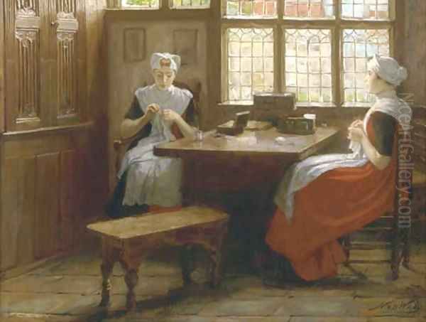Rustige arbeid orphan girls knitting by a window - view 1