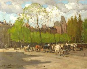 A view of the Rijksmuseum, Amsterdam, with horse-drawn carriages on the Stadhouderskade by Nicolaas Van Der Waay