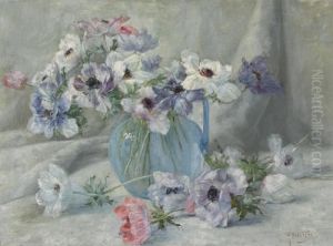 Stillleben Mit Anemonen In Blauem Glaskrug by Gioachimo Galbusera