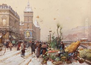 Le Marche Aux Fleurs Devant Le Palais De La Conciergerie, Paris by Eugene Galien-Laloue