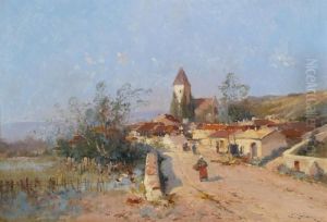 Two Village Landscapes In Spring by Eugene Galien-Laloue