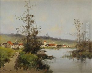 Village En Bord De Riviere by Eugene Galien-Laloue