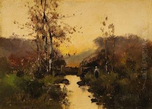 Vue De Riviere Au Coucher Du Soleil by Eugene Galien-Laloue