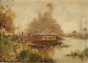 Les Deux Paysannes Devant Le Chevet De L'eglise by Eugene Galien-Laloue