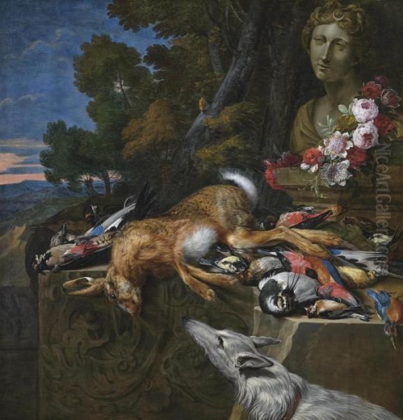 A Hare, A Woodpecker, A Jay, A
Kingfisher, A Goldfinch, A Great Tit And Other Songbirds On A Stone
Ledge, Flanked By A Bust Of Diana With A Floral Wreath, A Wooded
Landscape Beyond - view 1