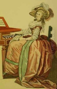 The Virtuosa in a Dress a lAnglaise with a Marlborough Border and a Half-Balloon Hat Seated at a Spinet, plate 197 from Galerie des Modes et Costumes Francais, engraved by Dupin, 1778 by Francois Louis Joseph Watteau