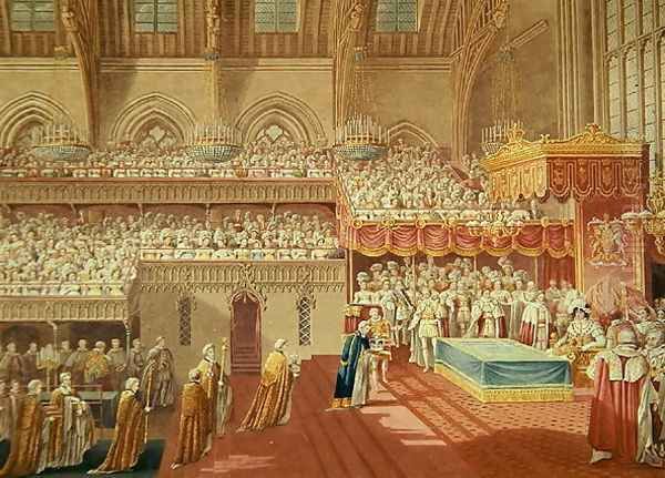 Procession of the Dean and Prebendaries of Westminster bearing the Regalia, from an album celebrating the Coronation of King George IV (1762-1830) 19th July 1821, engraved by Matthew Dubourg (fl.1786-1838) published 1824 - view 1