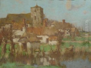 Church And Farm Cottages Beside A River by David Gauld
