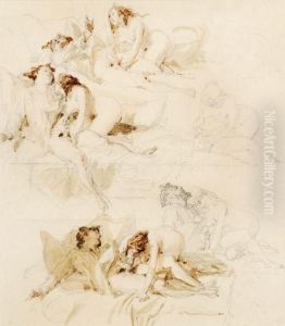 Studies Of A Naked Couple Together On A Bed by Paul Gavarni