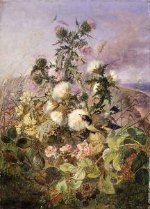 A Goldfinch and a Butterfly amongst Thistles and Blackberry Blossom, 1863 by John Wainwright