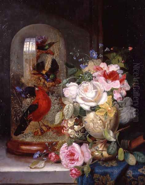A Still Life with Roses in a Vase beside Exotic Birds in a Glass Case, 1863 - view 1