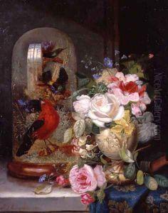 A Still Life with Roses in a Vase beside Exotic Birds in a Glass Case, 1863 by John Wainwright