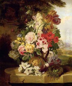 Still Life With Tulips, Roses, Passion Flowers And A Butterfly by John Wainwright