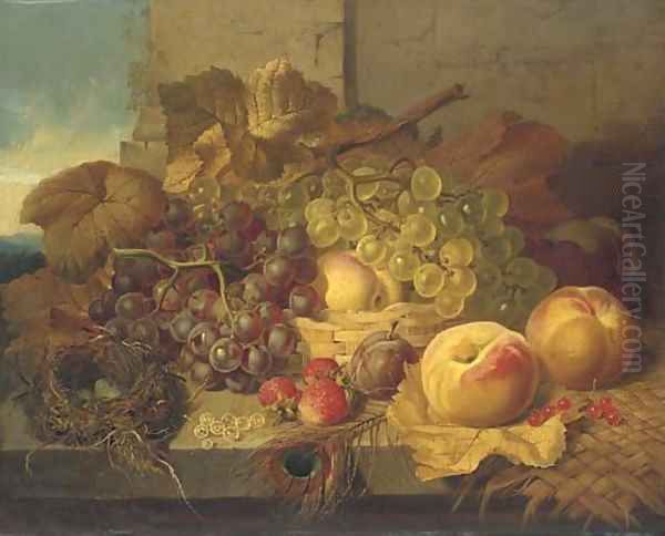 Red and white grapes in a basket, with peaches, a plum, strawberries and white currents, a bird's nest and peacock feather on a stone ledge - view 1