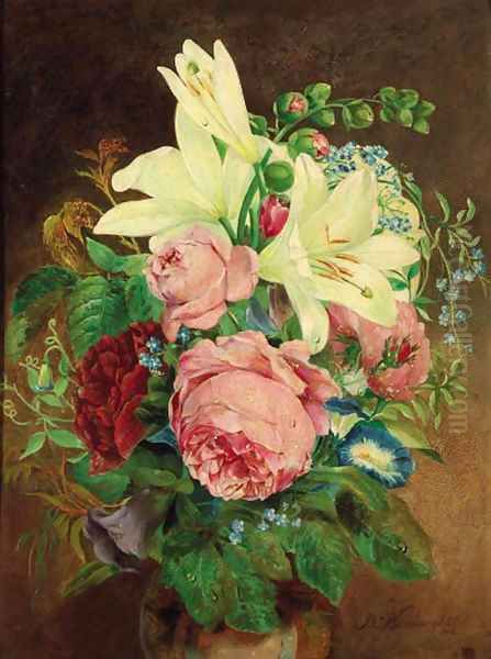 Roses, lilies, peonies, convolvulus and forget-me-nots, in a ceramic vase - view 1