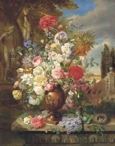 Roses, lillies, tulips, poppies and other flowers in a vase in a classical garden by John Wainwright