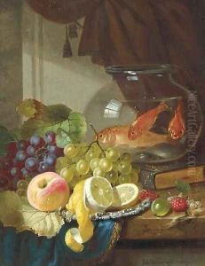 Still Life with Fruit and Goldfish in a Bowl on a Ledge by John Wainwright